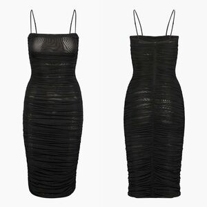 Aritzia Babaton Black Ruched Mesh Midi Dress Square Neck Bodycon Womens 00 EUC